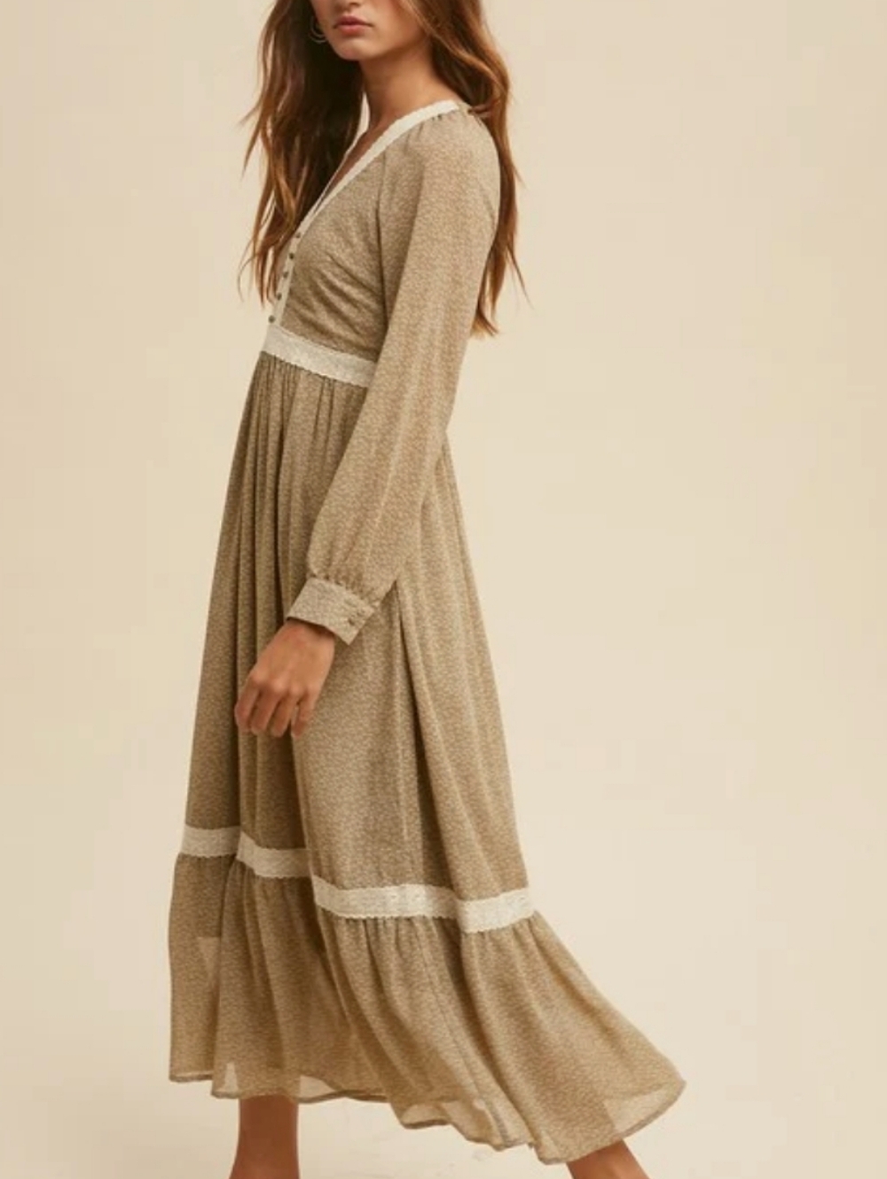 Shop Stevie Medium Taupe Floral Lace Trim Tiered Maxi Dress - Picture 12 of 12
